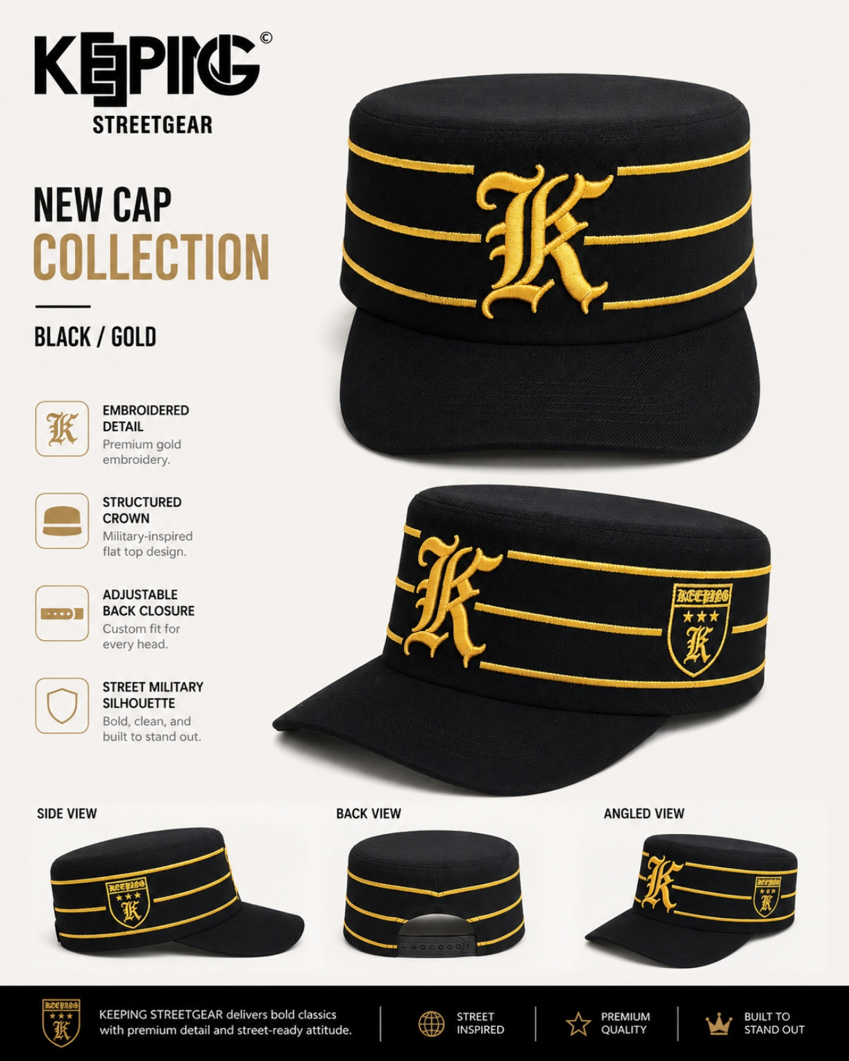 KEEPING K CAP – Black & Gold Embroidered Military Cap, Adjustable Unisex Streetwear