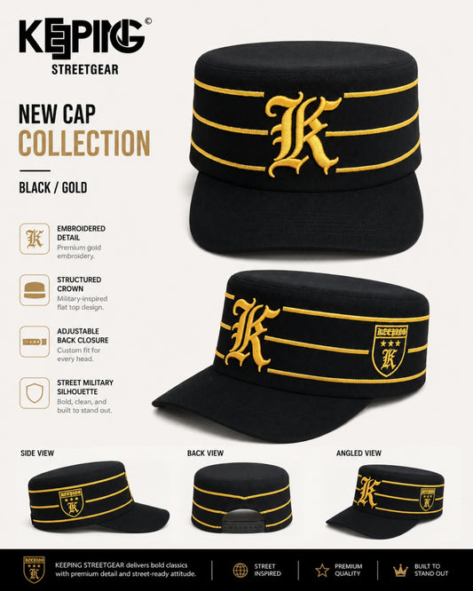 KEEPING K CAP – Black & Gold Embroidered Military Cap, Adjustable Unisex Streetwear