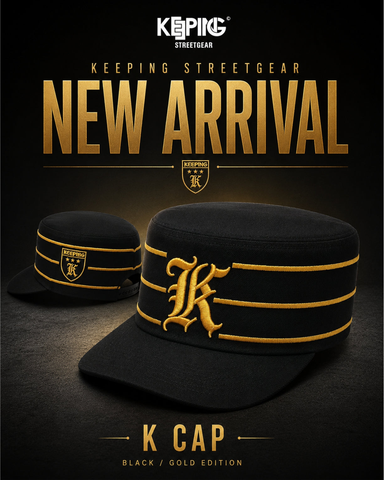KEEPING K CAP – Black & Gold Embroidered Military Cap, Adjustable Unisex Streetwear
